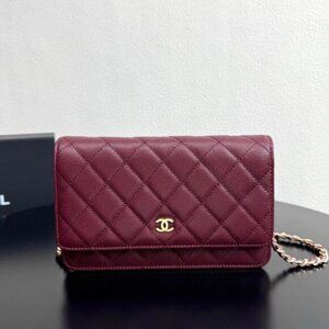 Chanel burgundy caviar wallet with gold chain